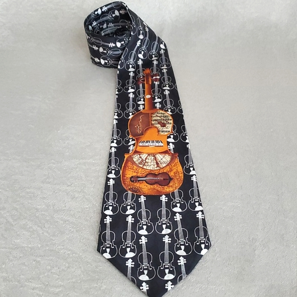 FRATELLO Hand Made 100% Polyester Black Musical Instrument Violin Men's Tie